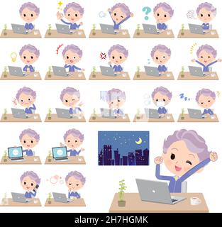 Una serie di donne anziane in maglie blu sul lavoro da scrivania. È arte vettoriale così facile da modificare. Illustrazione Vettoriale