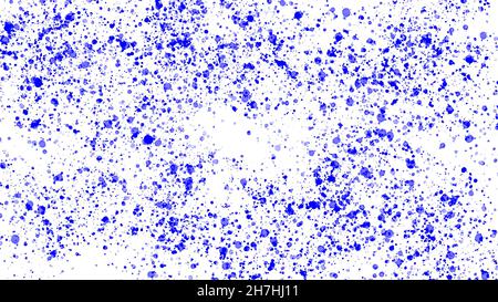 Trama di spruzzi di vernice blu su sfondo bianco. Piccole gocce blu su carta bagnata. Sfondo del computer fatto da movimento caotico del pennello. Foto Stock