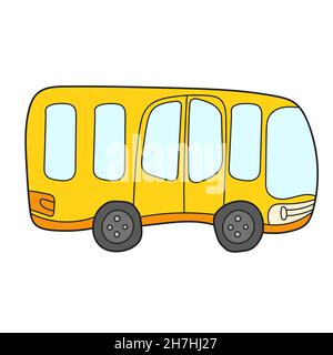 Semplice icona cartoon. Cartoon compatto giallo scuola bus con grandi finestre su bianco. Può essere utilizzato come carta nel gioco Illustrazione Vettoriale