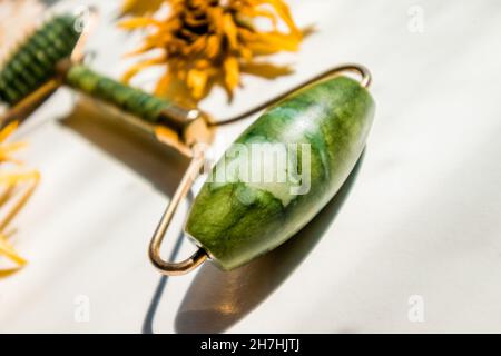 Il massaggiatore facciale Green Jade Roller si avvicina in primo piano su uno sfondo di germogli asciutti. Foto Stock