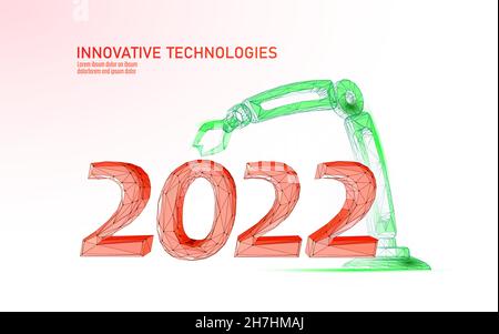 2022 nuovo anno 3D ghiaccio texture metallo. Braccio robot industriale. Tecnologia brillante forma blu scuro neon numero illustrazione. Decorazione in acciaio Illustrazione Vettoriale