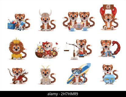 Grande vettore set di 12 segni zodiacali, una tigre del bambino sotto forma di ariete, Toro, gemini, cancro, leone, vergine, Bilancia, scorpione, Sagittario, Capricorno Illustrazione Vettoriale