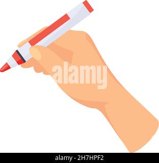 La mano scrive con l'evidenziatore rosso. Marker nel braccio per testo o autografo, illustrazione vettoriale cartoon isolata su sfondo bianco Illustrazione Vettoriale