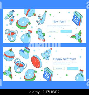 Natale e Capodanno - Set di moderni banner isometrici orizzontali. Calendario, uomo pan di zenzero, orologio, abete. Decorazioni per feste con champagne, caldo Illustrazione Vettoriale