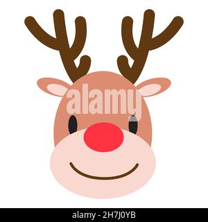 Divertente volto di renna cartoon. Santas helper. Decorazioni per Natale e Capodanno. Cervo con naso rosso grande. Sorridente animale invernale. Stampa di adesivi, confezioni regalo, Illustrazione Vettoriale