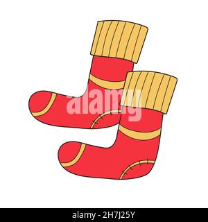 Semplice icona cartoon. Immagine per bambini, calze calde per ginocchio su bianco. Rosso e giallo Illustrazione Vettoriale