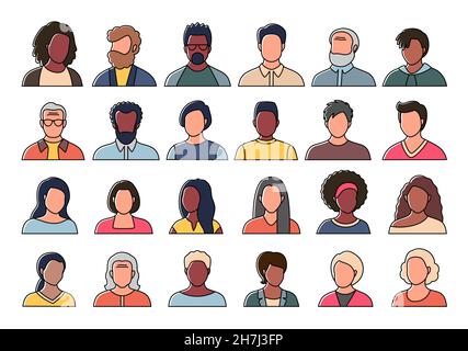 Set di persone, avatar, teste di persone di etnia e età diverse in stile piatto. Multi nazionalità social network persone facce raccolta. Illustrazione Vettoriale