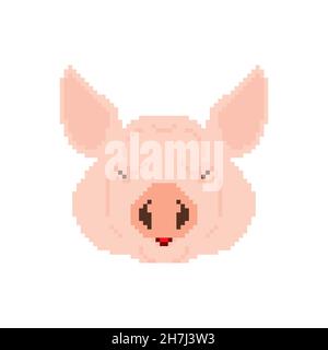 Pig testa pixel art. Piggy pixelated. illustrazione a 8 bit Illustrazione Vettoriale