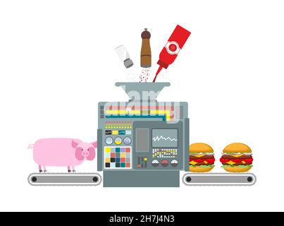 Produzione di hamburger. Fasi di produzione di hamburger da maiale. Nastro trasportatore con maiali. Prodotto naturale. Illustrazione vettoriale. Sistema di produzione di carne p Illustrazione Vettoriale