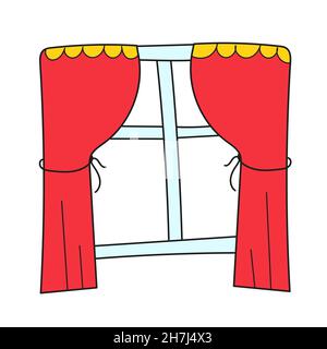 Semplice icona cartoon. Illustrazione di una finestra chiusa isolata con tende rosse su bianco Illustrazione Vettoriale