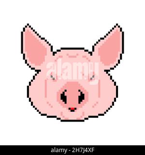 Pig testa pixel art. Piggy pixelated. illustrazione a 8 bit Illustrazione Vettoriale