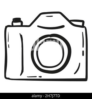Icona fotocamera disegnata a mano in stile doodle isolato. Illustrazione Vettoriale