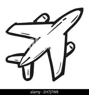 Icona di aeroplano disegnata a mano in stile doodle isolato. Illustrazione Vettoriale