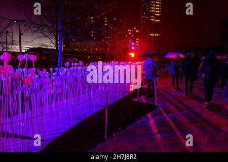 Installazione di luce fatto di riflettori su bastoni da rami Bebawi / KANVA a Londra Lumiere Festival in Kings Cross, London, Regno Unito Foto Stock