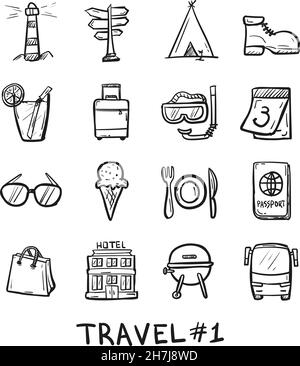 Icona del set di viaggio disegnato a mano in stile doodle isolato. Illustrazione Vettoriale