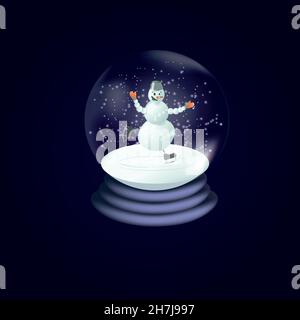 Pattinare felice uomo di neve in un globo di neve. Clip art di Natale Illustrazione Vettoriale