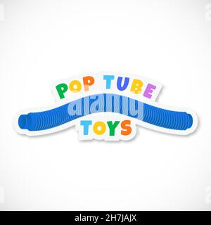 Giocattolo Sensory Kids da adesivo vettoriale corrugato Blue Pipe, etichetta o modello di cartello. Filo flessibile in plastica colorata Anti stress Pop Tube Bambini giocattolo Illustrazione Vettoriale