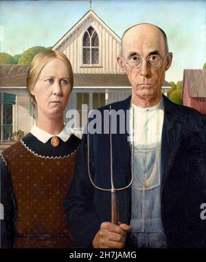 Pittura gotica americana di Grant Wood (1891-1942), olio su tavola, 1930. Foto Stock