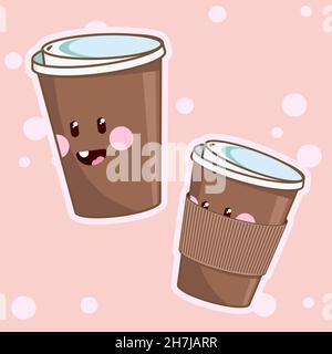 Caffè Kawaii. Caffè cute drinks. Tazze di caffè vettoriali con viso felice. Illustrazione Vettoriale