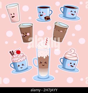 Set caffè Kawaii. Varie e graziose bevande da caffe'. Tazze di caffè vettoriali con viso felice. Illustrazione Vettoriale