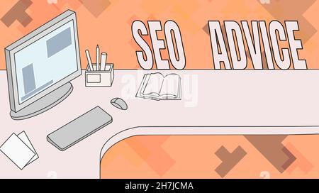 Cartello con la scritta Seo Advice. Parola scritta su guida o raccomandazioni per migliorare il motore di ricerca Office Desk con computer Pen Holder e Open Foto Stock