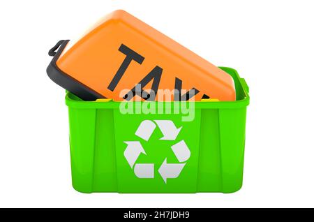 Riciclaggio cestino CAN con giallo taxi auto cartello. Rendering 3D isolato su sfondo bianco Foto Stock