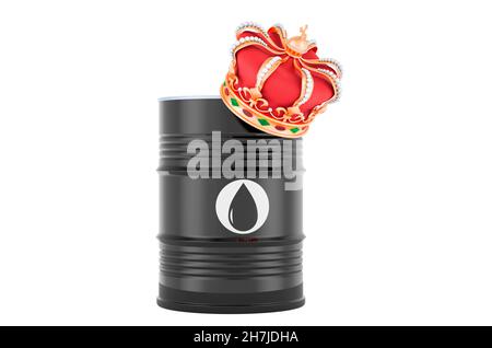 Barile ad olio con corona dorata, rendering 3D isolato su sfondo bianco Foto Stock