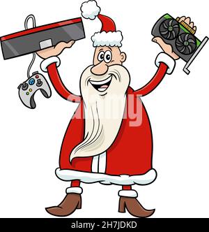 Illustrazione cartoon del personaggio di Babbo Natale con scheda grafica e console di gioco nel periodo di Natale Illustrazione Vettoriale