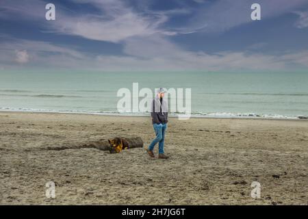 Un uomo con le mani in tasche di jeans e un cane tedesco Shepherd randay cammina rilassato su una spiaggia di sabbia a Zeew con un mare del Nord tranquillo sullo sfondo Foto Stock