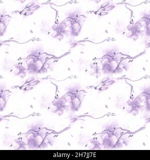 Acquerello Ciliegio fiore albero. Rosa senza cuciture Foto Stock