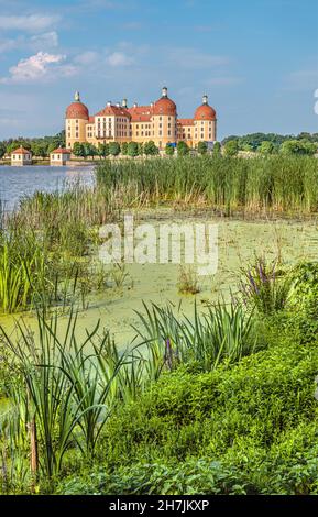 Vista distante del Castello di Moritzburg, Sassonia, Germania Foto Stock