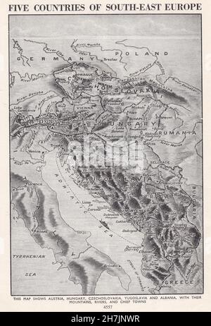 Mappa d'epoca dei cinque paesi dell'Europa sudorientale 1930s. Foto Stock