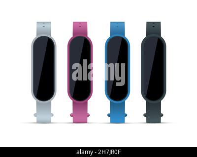 Set realistico di bracciali multi-colorati per attività fitness. Vista frontale con diverse angolazioni. Illustrazione Vettoriale