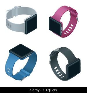 Illustrazioni isometriche realistiche di smartwatch con diversi colori di braccialetti a diverse angolazioni. Illustrazione Vettoriale