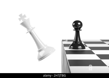 Pedina di scacchi che batte un re. Concetto di successo. illustrazione 3d. Foto Stock