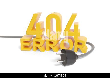 404 testo di errore in tre dimensioni accanto a una spina su sfondo bianco. illustrazione 3d. Foto Stock