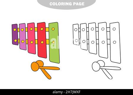 Semplice pagina da colorare. Libro da colorare per bambini, strumenti musicali - xilofono su bianco. Versione a colori e in bianco e nero Illustrazione Vettoriale