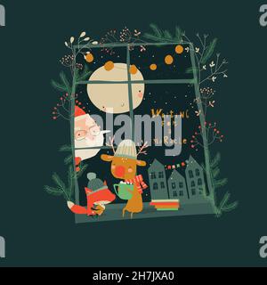 Carino Cartoon Fox e renna che celebra la Vacanza invernale Illustrazione Vettoriale