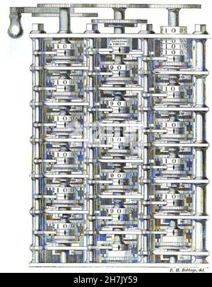 CHARLES BABBAGE (1791-1871) inventore e matematico inglese. Hisd incisione di parte del suo motore differenza, il primo computer meccanico. Foto Stock