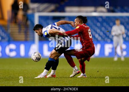 Sheffield, Regno Unito. 23 novembre 2021. Massimo Luongo #21 di Sheffield Mercoledì e David Kasumu #8 di Milton Keynes Dons di Sheffield, Regno Unito il 11/23/2021. (Foto di ben Early/News Images/Sipa USA) Credit: Sipa USA/Alamy Live News Foto Stock