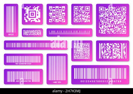 Codici a barre e codici QR dei prodotti moderni e colorati. Codice di identificazione. Numero di serie, ID prodotto con informazioni digitali. Negozio o supermercato Illustrazione Vettoriale