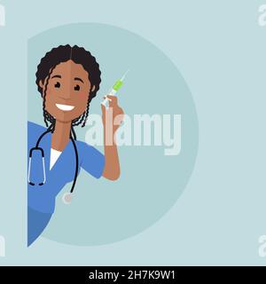 Un'infermiera di aspetto afro-americano appare da dietro l'angolo. Sta tenendo una siringa con antibiotico. Le viene offerto un vaccino. Illustrazione Vettoriale