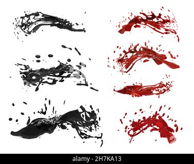 Rappresentazione 3d isolata di sangue o spruzzi di liquido su sfondo bianco. Foto Stock