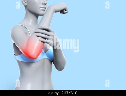 rappresentazione 3d di figura femminile in piedi con area dolore al gomito su sfondo blu. Foto Stock