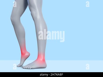 rappresentazione grafica 3d delle gambe femminili con dolore alla caviglia su sfondo blu. Foto Stock