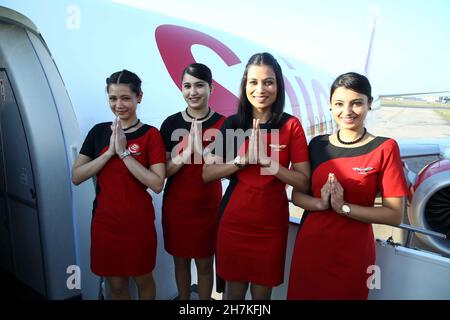 New Delhi, India. 23 novembre 2021. Celebrazione del Boeing 737 Max ritorno al servizio dopo la pandemia (Foto di Jyoti Kapoor/Pacific Press) credito: Pacific Press Media Production Corp./Alamy Live News Foto Stock