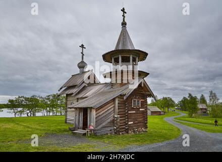 Sulla strada per l'Isola dei Musei di Kishi, la Chiesa, l'Isola di Kizhi, l'Isola di Kizhi, il Lago Onega, Repubblica di Carelia, Russia, Europa Foto Stock