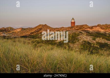 Scogliera erbosa con il faro Rotes Cliff sullo sfondo Foto Stock