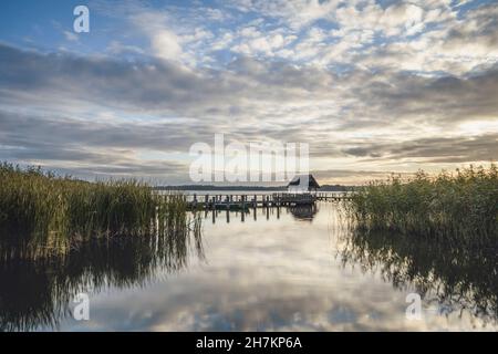 Germania, Schleswig-Holstein, Hemmelsdorf, Nuvole riflettenti in Hemmelsdorfer vedere il lago al crepuscolo Foto Stock