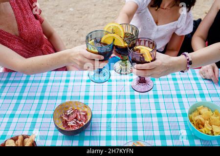 Gli amici tostano i wineglasses al tavolo Foto Stock